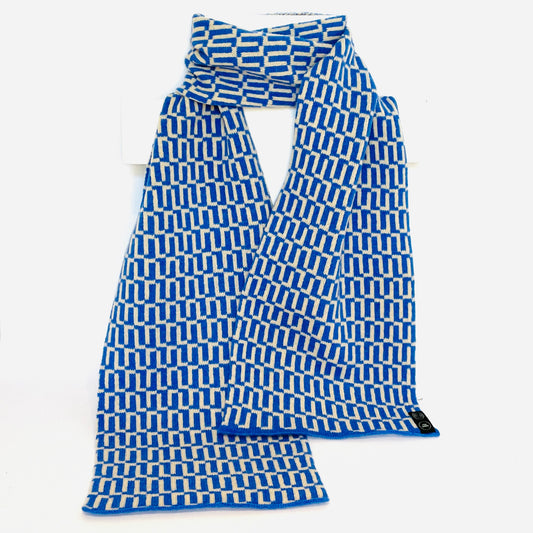 Bright Blue and Oatmeal Lambswool Geometric Scarf Pom Shanty Knitwear