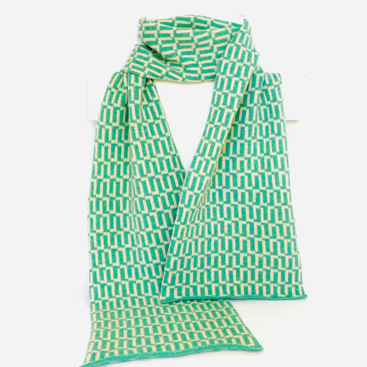 Bright Green and Oatmeal Lambswool Geometric Scarf Pom Shanty Knitwear