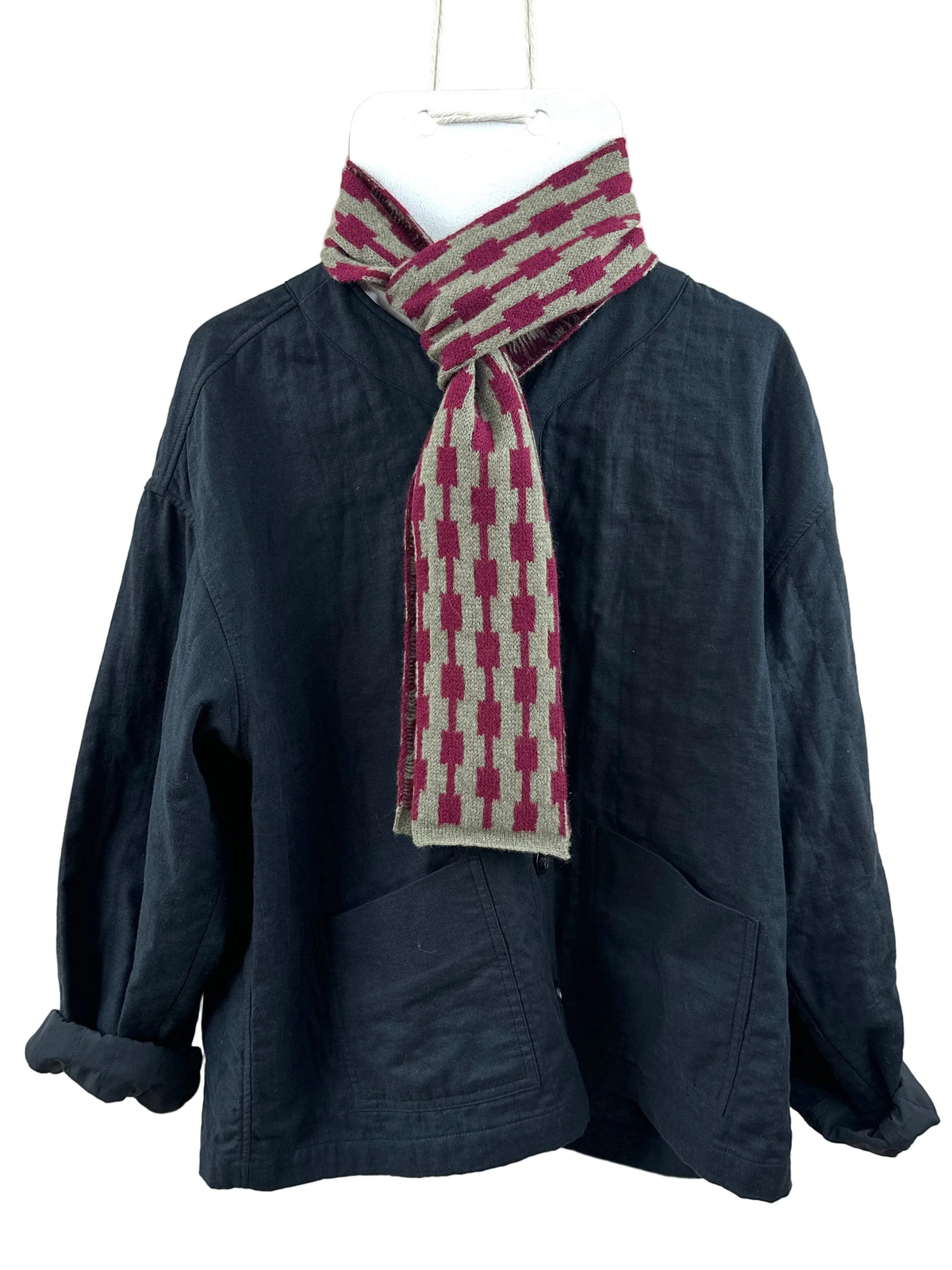 Olive and Burgundy Lambswool Pulse Skinny Scarf