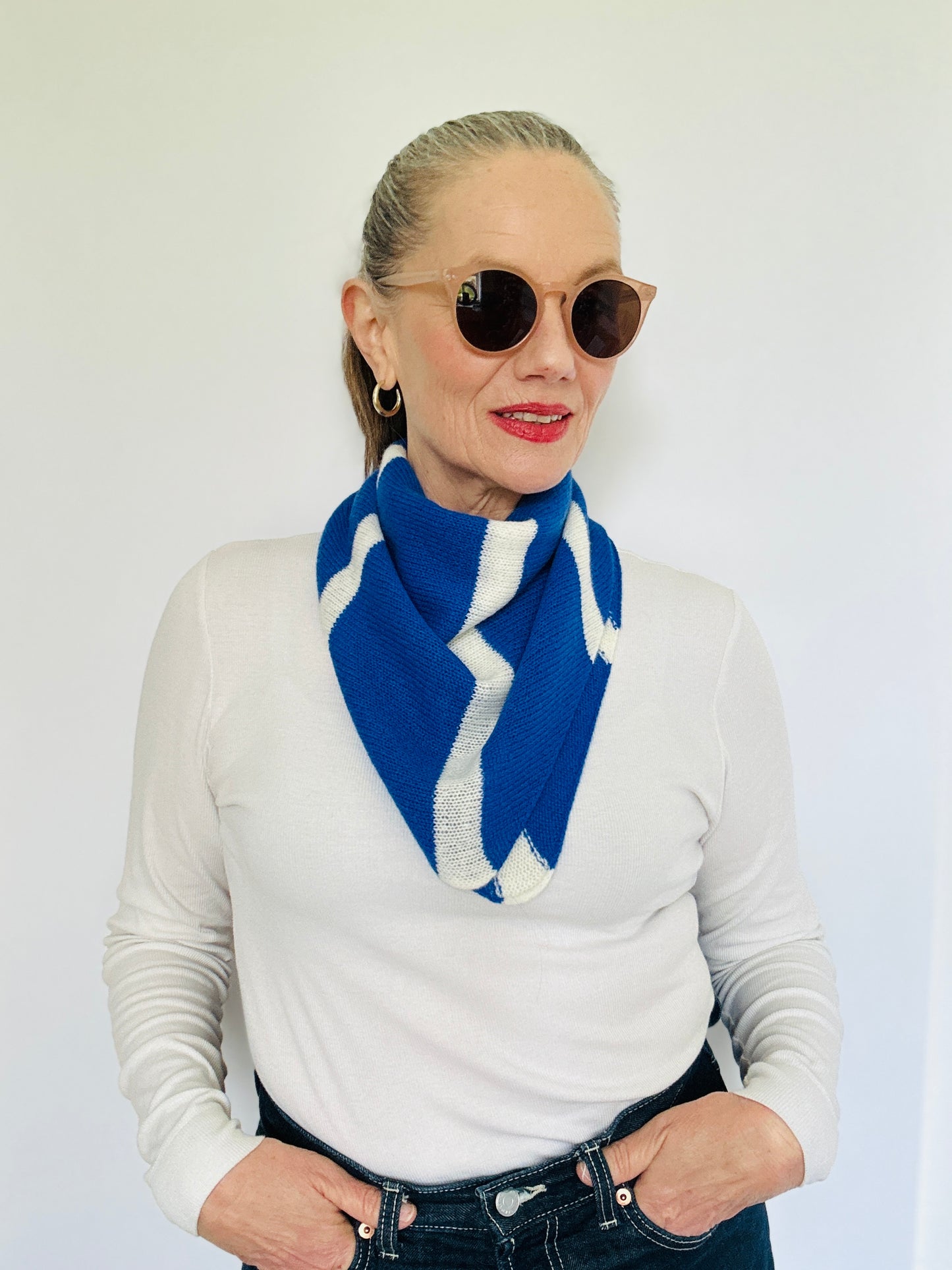 Bright Blue and Ecru Middle Stripe Kerchief