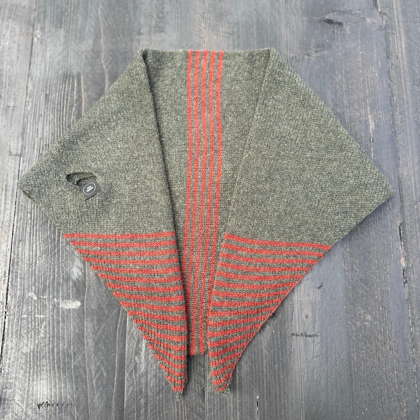 Merino lambswool double layer striped, multicoloured, olive green and sienna brown pull through triangle scarf / kerchief / neckerchief for women, men, unisex laying flat.