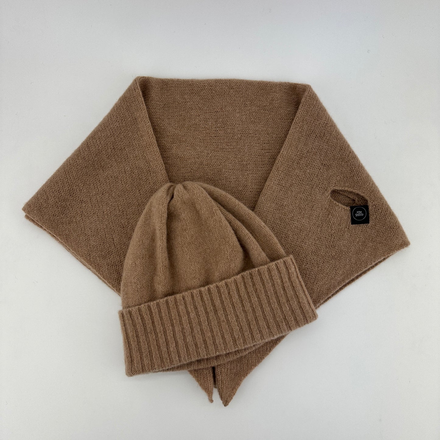 merino lambswool camel brown beanidouble layer solid colour, camel brown pull through triangle scarf / kerchief / neckerchief for women, men, unisex laying flat on top of each other on a neutral background