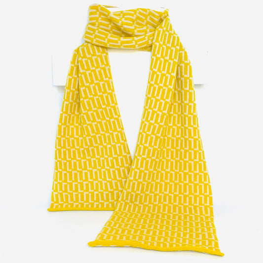 Mustard Yellow and Oatmeal Lambswool Geometric Scarf Pom Shanty Knitwear