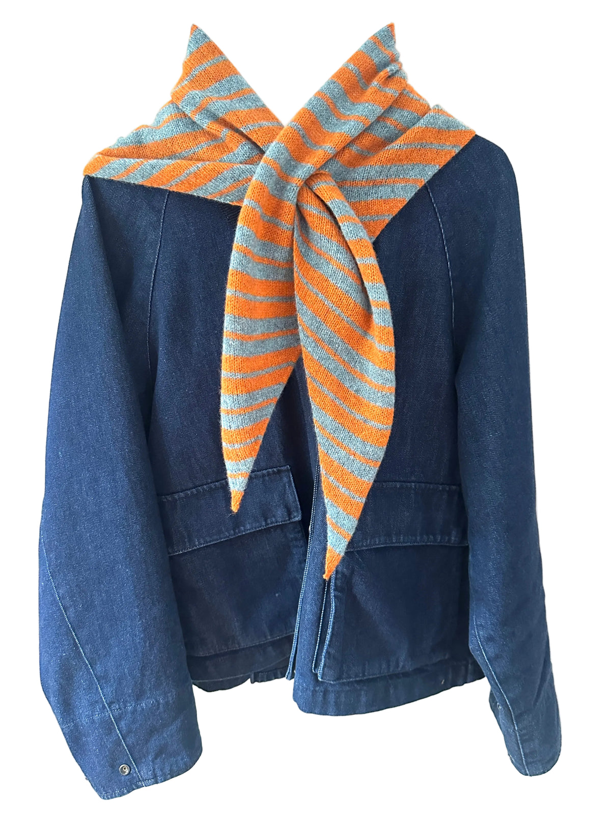 Caspian Blue and Rust Single Layer Triangle Scarf, wool, a closer view worn by a model