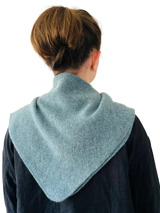 Caspian Blue Triangle Scarf, merino wool, worn by a model