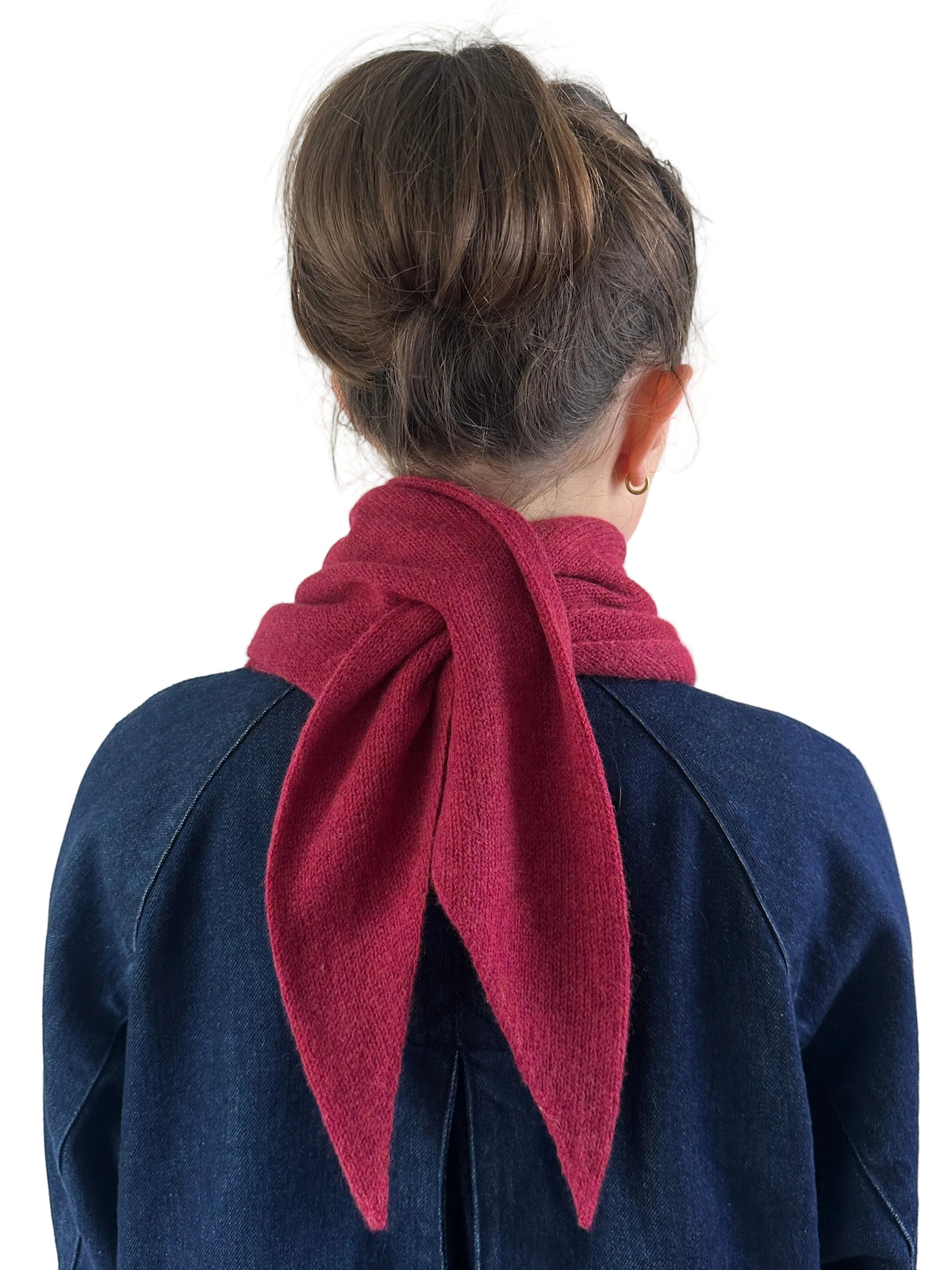 Cherry Red Triangle Scarf, merino wool, worn by a model, a closer view