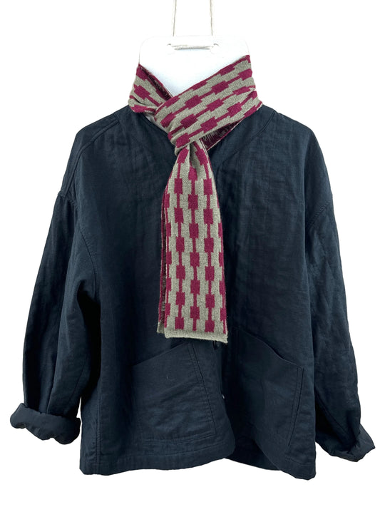 Olive and Burgundy Lambswool Pulse Skinny Scarf