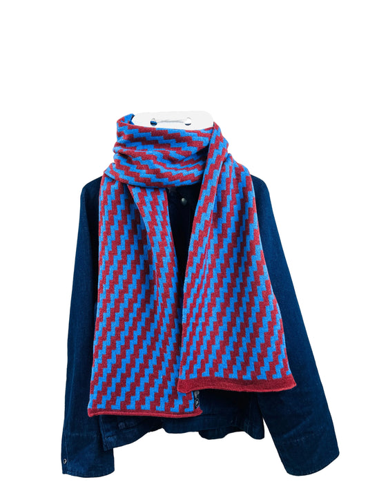Cornflower Blue & Sienna Brown Lambswool Rick Rack Scarf