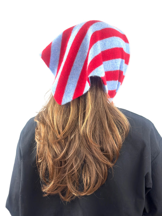Pale Blue & Red Single-Layered Wide Striped Pull-Through Kerchief