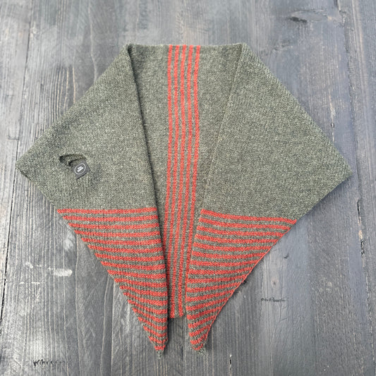 Merino lambswool double layer striped, multicoloured, olive green and sienna brown pull through triangle scarf / kerchief / neckerchief for women, men, unisex laying flat.