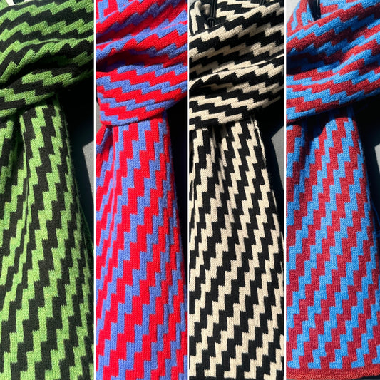 Four rick rack geometric patterned merino lambswool scarves compared in side by side panels. Pom Shanty Knitwear.