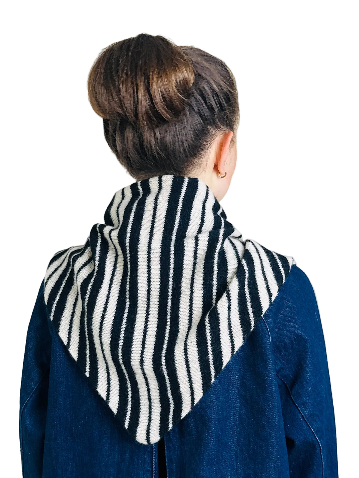 Black and Oatmeal Single Layer Triangle Scarf, wool, worn by a model