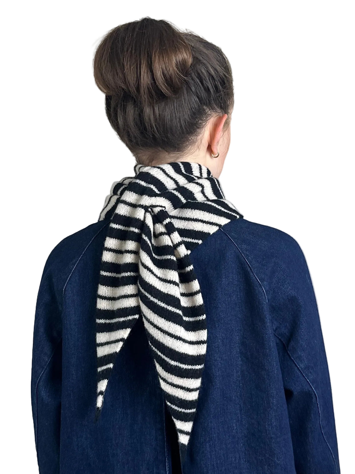 Black and Oatmeal Single Layer Triangle Scarf, wool, styled on a model, alternate view