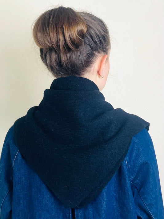 Black Triangle Scarf, merino wool, worn by a model