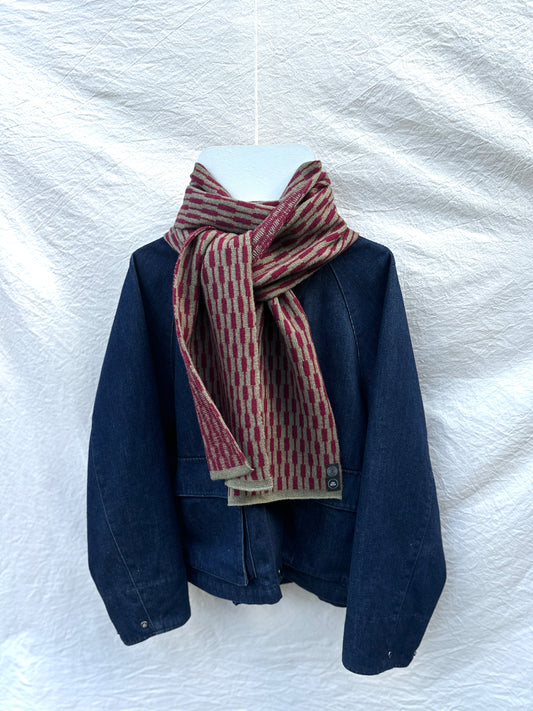Burgundy and Olive Cascade Scarf, lambswool, draped over a denim jacket