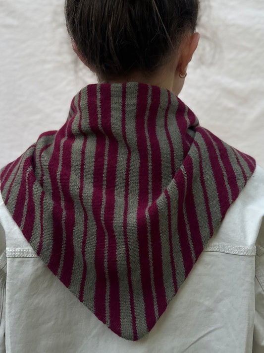 Burgundy and Olive Single Layer Triangle Scarf, wool, worn by a model