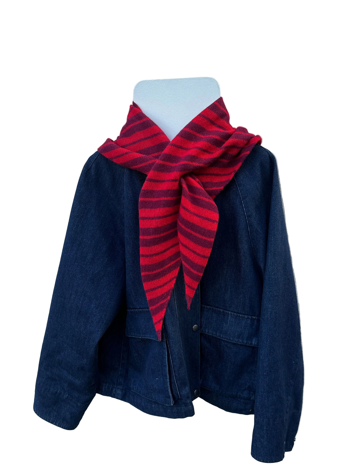 Burgundy and Red Single Layer Triangle Scarf, wool, worn by a model