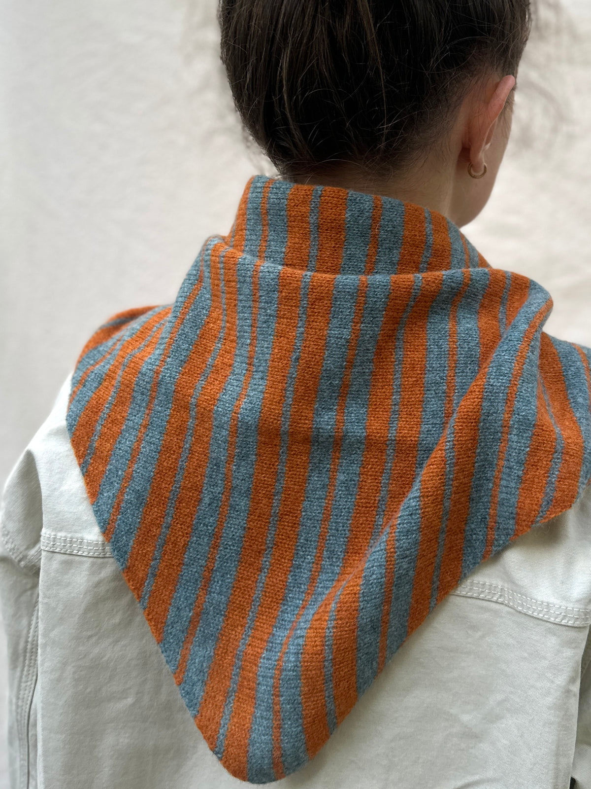 Caspian Blue and Rust Single Layer Triangle Scarf, wool, worn by a model