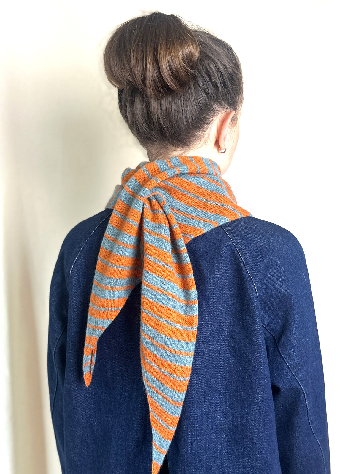Caspian Blue and Rust Single Layer Triangle Scarf, wool, styled on a model, alternate view