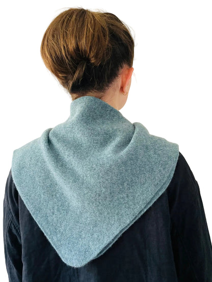 Caspian Blue Triangle Scarf, merino wool, worn by a model
