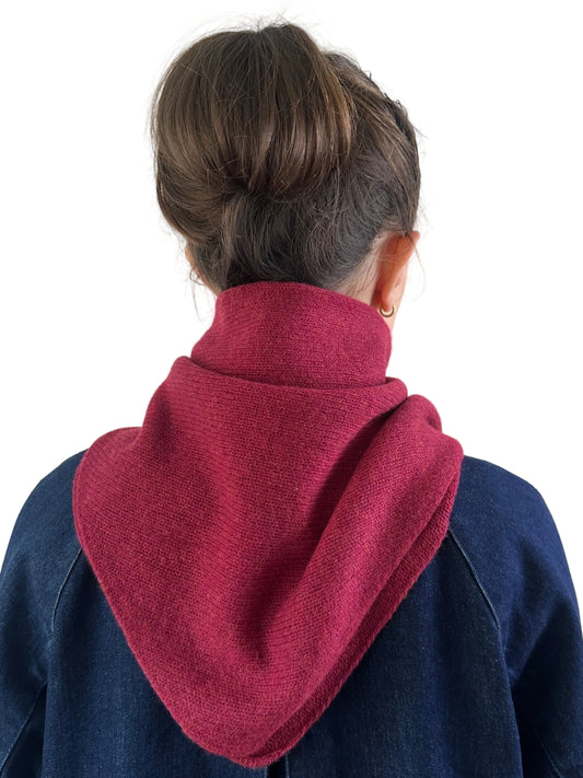 Cherry Red Triangle Scarf, merino wool, worn by a model