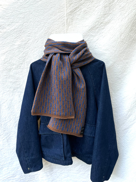 Rhapsody Blue and Spaniel Brown Cascade Scarf, lambswool, draped over a denim jacket